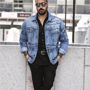 Waimea Men’s Denim Graffiti Trucker Jacket Medium Blue Streetwear